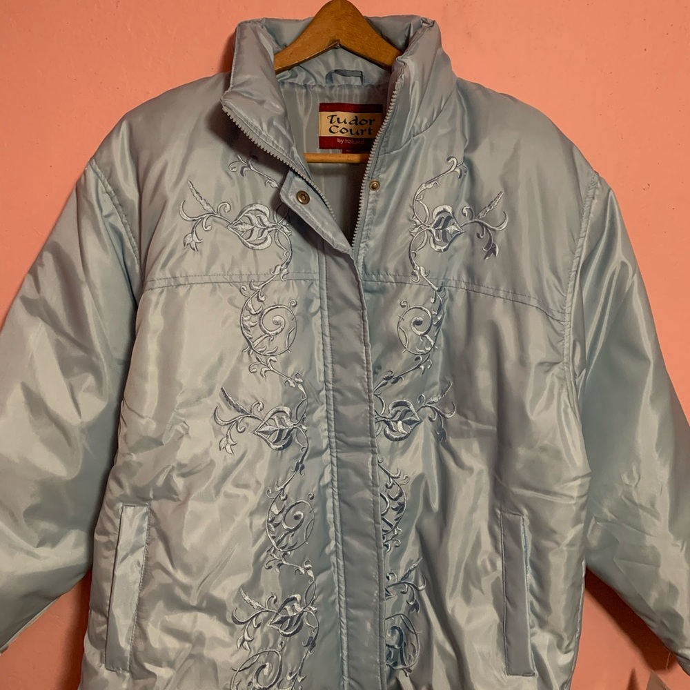 Embroidered Baby Blue Down Coat / Jacket